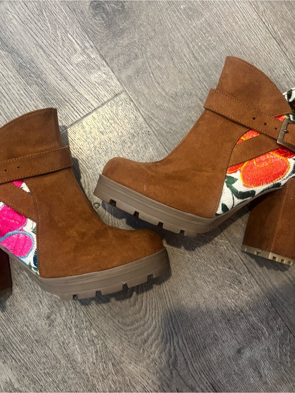 Embroidered Brown Suede Platform Ankle Boots